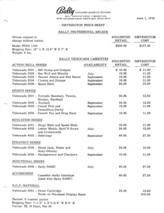 Bally Retail Price Sheet (June 1, 1978)