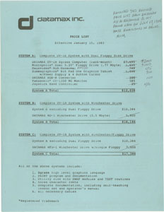 Datamax, Inc. January 15, 1983 Price List - Revised