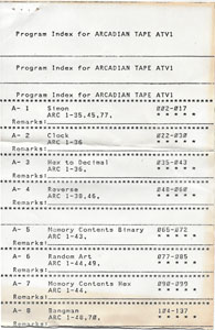 Program Index for ARCADIAN Tape ATV1