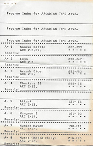 Program Index for ARCADIAN Tape ATV2A
